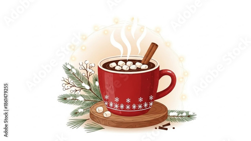 Cozy winter scene with steaming hot chocolate and marshmallows