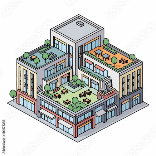 Isometric illustration of a modern urban building complex with rooftop gardens and seating areas.