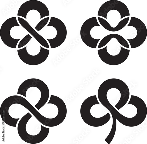 Four interwoven black shapes creating symmetrical and abstract floral designs