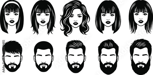 Black and white of eight people heads with various hairstyles faces beards
