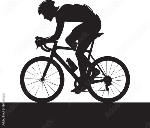 Silhouette of cyclist riding a racing bicycle in dramatic black and white, isolated on white