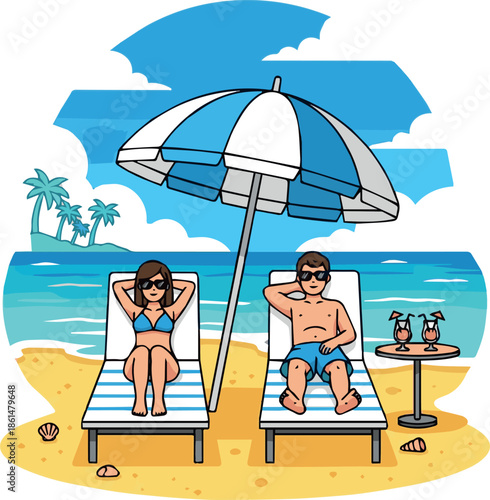 create on Happy couple sunbathing, lying on chaise lounges with umbrella on a tropical beach. Tourists relax on deck chairs in summer travel to sea resort. Flat isolated vector illustration