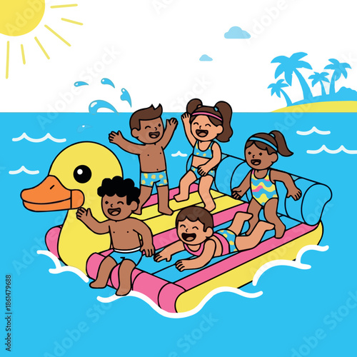 create on Happy tanned kids are floating on inflatable mattress, swimming in ocean. Children are on pool raft in sea resort in summer. Friends have fun in water during travel. Flat isolated vector art