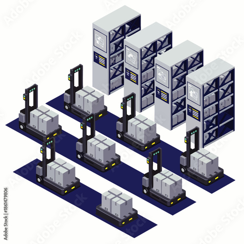 Automated warehouse operations isometric. Robotic forklifts transport packages in a modern fulfillment center with storage racks, efficient supply chain, Industry 4.0.
