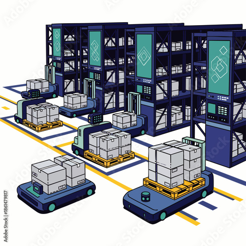 Automated warehouse with robotic forklifts and autonomous mobile robots moving boxes in a modern logistics facility
