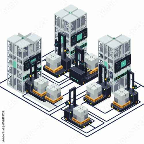 Automated Smart Warehouse Logistics System with Robotic Forklifts and Storage Units, Modern Industry 4.0 Supply Chain Technology and Efficiency