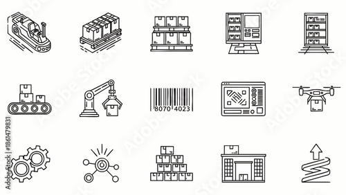 Modern Logistics and Supply Chain Automation Icons Set: Warehouse, Delivery, Shipping, and Industrial Technology Line Art Collection