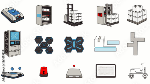 Modern logistics and warehouse automation icons. Depicting smart factory concepts, supply chain management, and industrial technology for efficient operations.