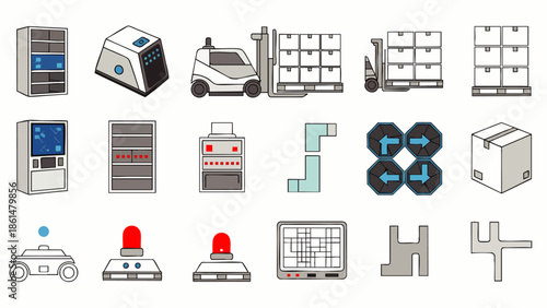 Collection of industrial automation and smart factory technology icons, showcasing robotics, logistics, AGVs, control systems, and warehouse operations.
