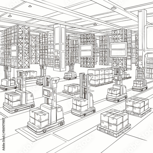 Automated warehouse with forklifts and robots moving boxes, a modern logistics and supply chain concept, line art illustration