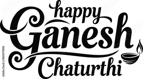 Happy Ganesh Chaturthi Greeting Card with Decorative Elements and Oil Lamp Illustration