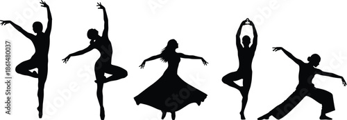 Black silhouettes of five dancers in various poses white background 2