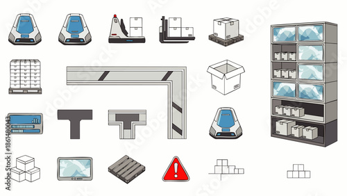 Set of warehouse automation elements: robots, conveyor belts, shelves, boxes, and warning signs in a clean, modern illustration style.