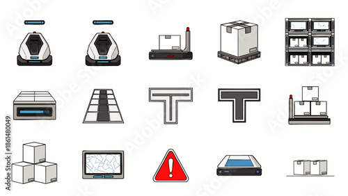 Warehouse automation icons: robots, conveyor belts, boxes, shelves, and warning signs