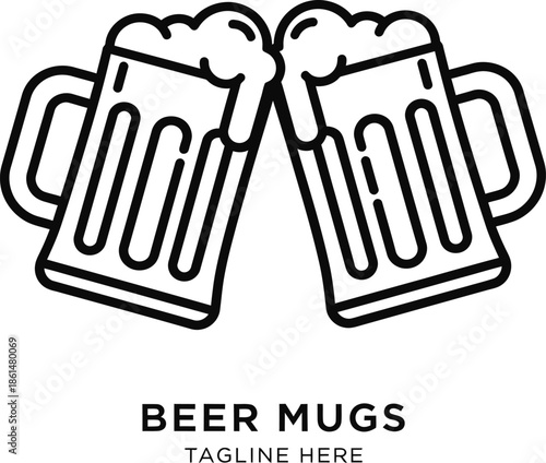 Cheers Icon Two frothy beer mugs clinking together in a minimalist line art style, perfect for celebrating and social events