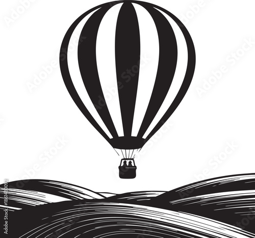 Monochrome graphic of a hot air balloon soaring above abstract rolling hills, creating a minimalist and stylish