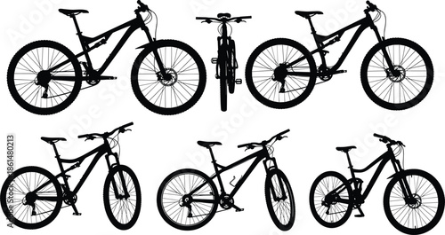 Black silhouettes of mountain bikes in different positions bicycles 3