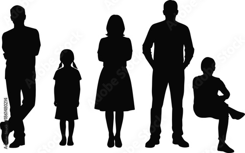 Black silhouettes of family with two adults and two children people white background