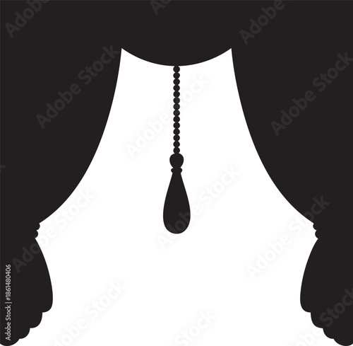 Elegant theatrical black velvet curtains with ornate tassel, providing a dramatic stage backdrop