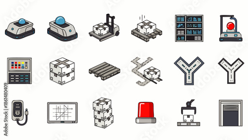 Warehouse Automation Icons: Robots, Conveyors, Pallets, Forklifts, and More for Logistics and Industry