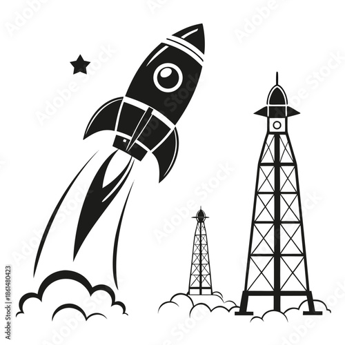 Black and white rocket ship icons set for design