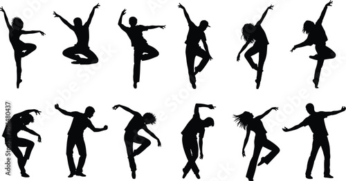Black silhouettes of people dancing in various poses dance white background