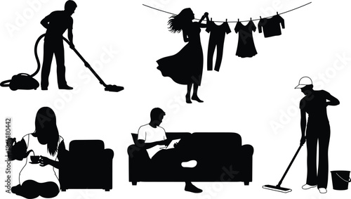 Black silhouettes of people doing household chores and relaxing cleaning 2
