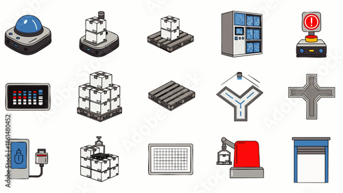 Flat vector icon collection for industrial automation, smart factory, and logistics, depicting modern technology, efficient processes, and supply chain management.