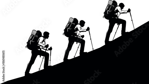 Silhouette of four hikers climbing up a steep hill with backpacks and trekking poles