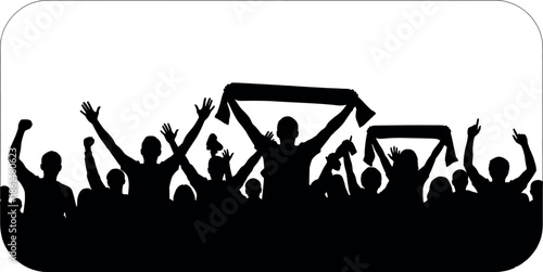 Silhouette of a crowd of people cheering and celebrating with raised arms and banners
