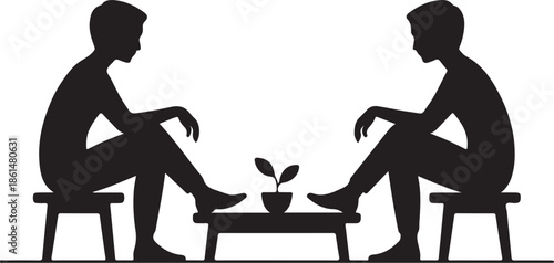 Minimal SVG of Two People Sitting on Opposite Sides of a Low Table