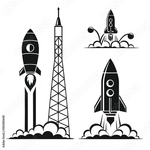 Black and white rocket ship icons set for design