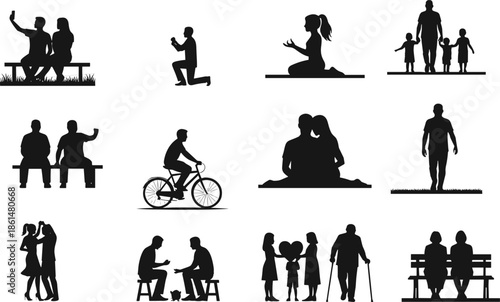 Black silhouettes of people in various activities and poses white background 2