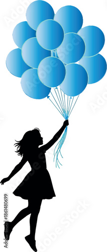 Silhouette of a woman holding a bunch of blue balloons