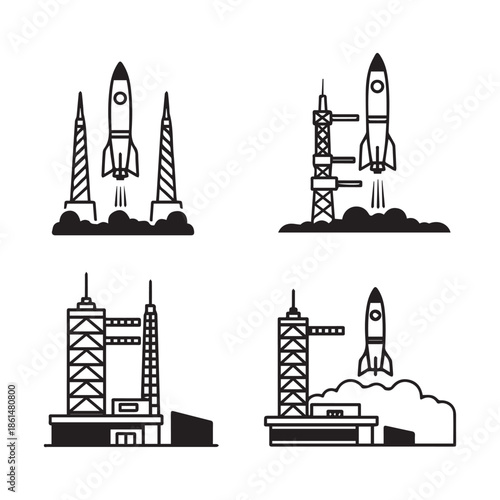 Black and white rocket ship icons set for design