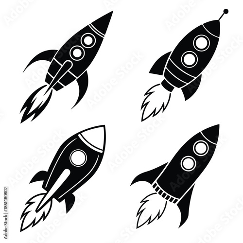 Black and white rocket ship icons set for design