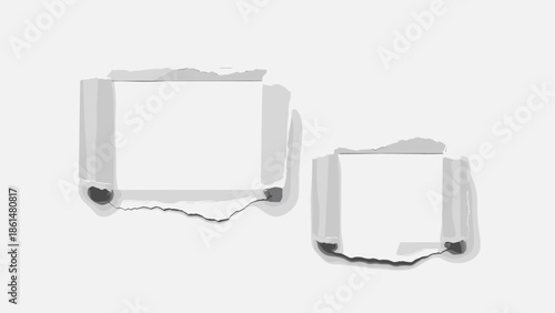Minimalistic black and white illustration of two paper frames with torn edges, perfect for showcasing content or photo placement in graphic design projects.