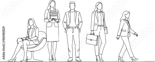 Business people standing and sitting in line office workers professionals faceless