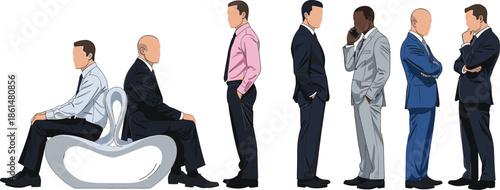 Businessmen in various poses and outfits standing and sitting suits