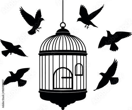 Black silhouette of a birdcage with flying birds around it