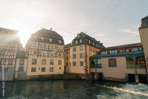 Strasbourg, France - September 5, 2025 Old town water canal of Strasbourg, Alsace, France. Traditional half timbered houses of Petite France