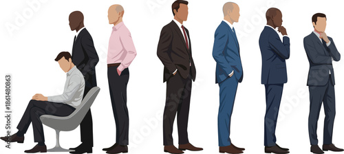 Businessmen in various poses and outfits suits standing sitting different poses