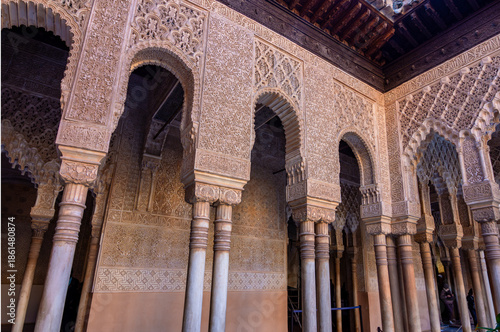 Court of Lions decorations in Nasrid palace of Alhambra, Granada, Spain