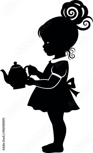 Silhouette of a little girl holding a teapot in her hands in a cute dress