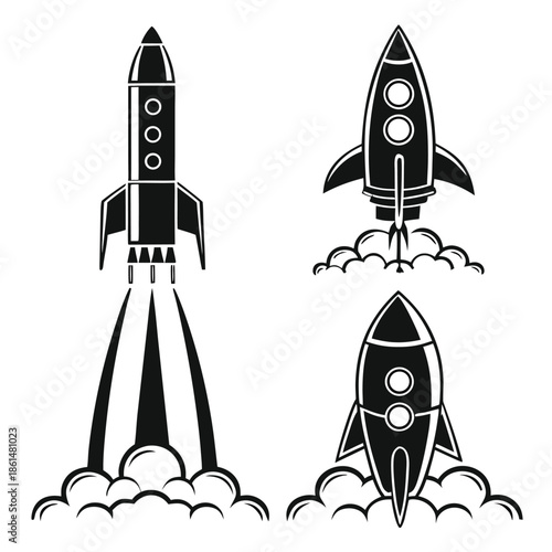 Black and white rocket ship icons set for design