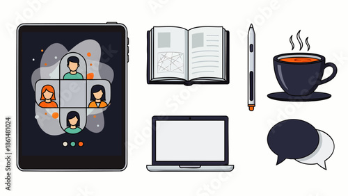 Remote Work & Online Learning Essentials Vector. Tablet video call, laptop, coffee, notebook, pen, chat bubbles. Digital communication.