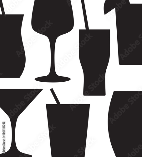 Elegant silhouette pattern featuring assorted cocktail glasses against a white backdrop