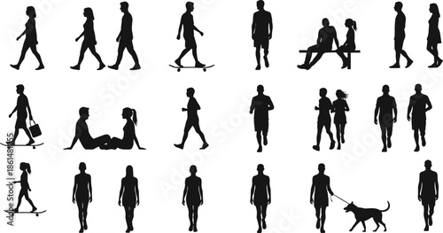 Black silhouettes of people walking running sitting and with dog on white background 3