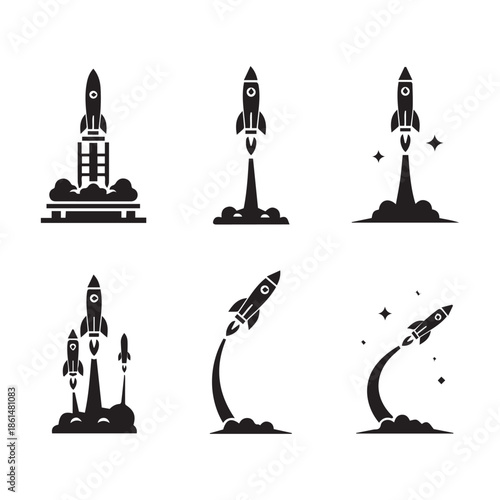 Black and white rocket ship icons set for design