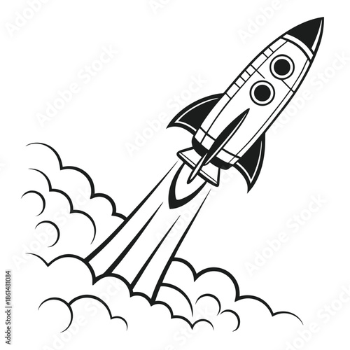 Black and white rocket ship icons set for design